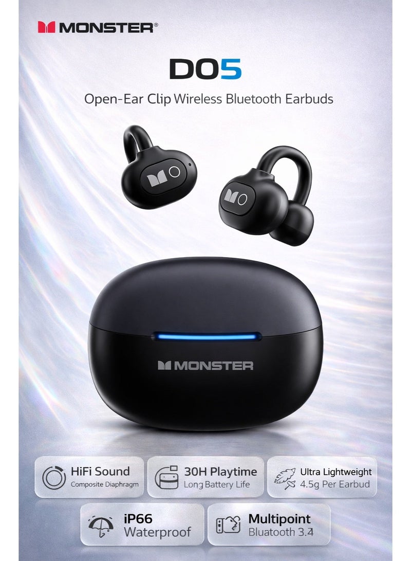Monster D05 Open-Ear Clip Wireless Bluetooth Earbuds, HiFi Sound with Composite Diaphragm, Bluetooth 6.0, 30H Playtime, Ultra Lightweight 4.5g, IP66 Waterproof Sports Headphones for Running & Outdoor Use - Image 1